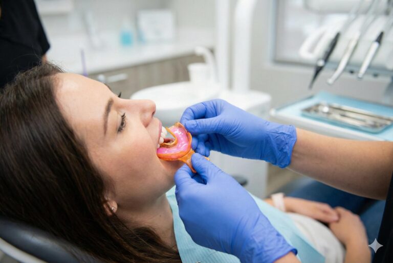 Dentist applying a fluoride treatment tray to a patient's teeth.